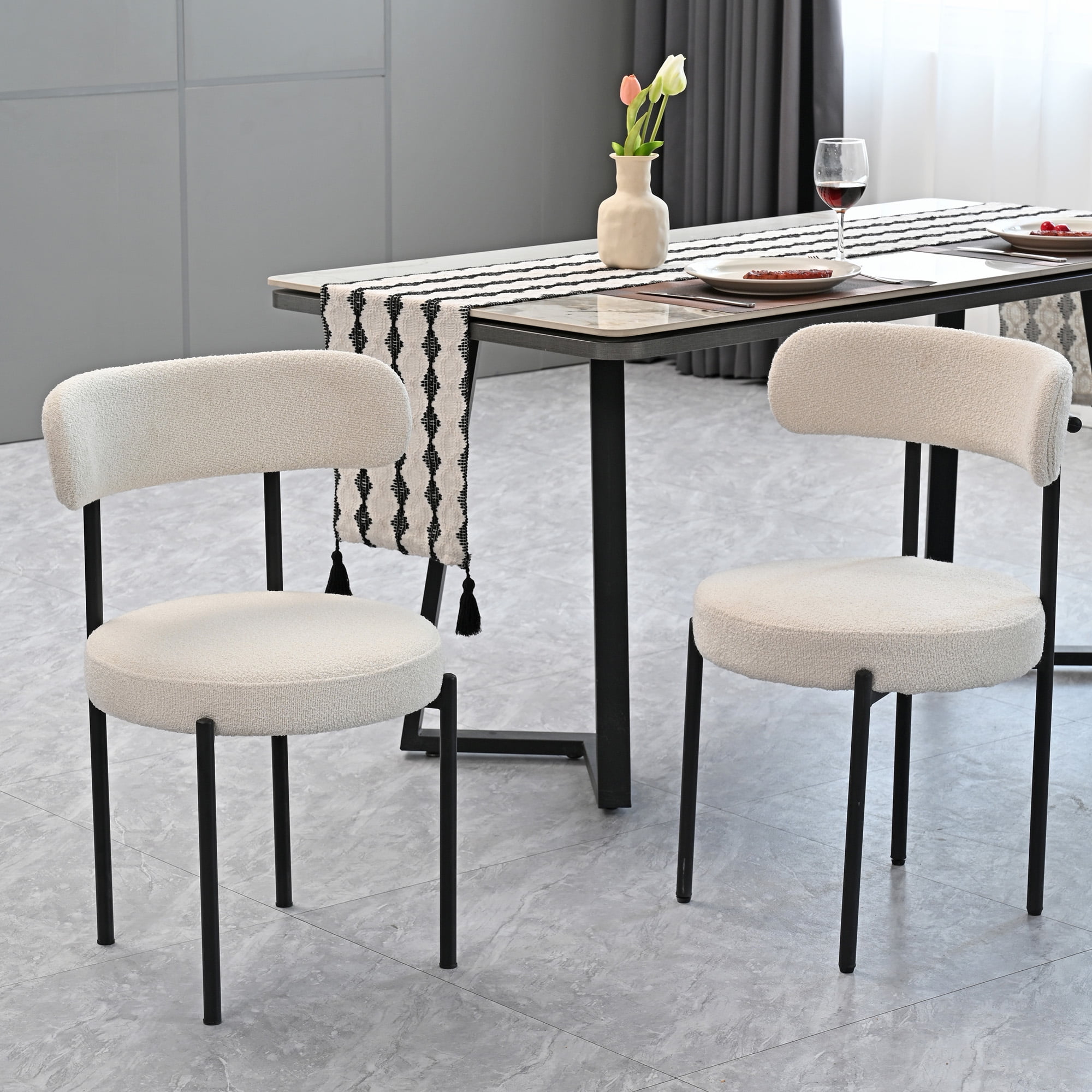 Boucle Dining Chairs Set of 2,Mid-Century Modern Curved Backrest Chair ...