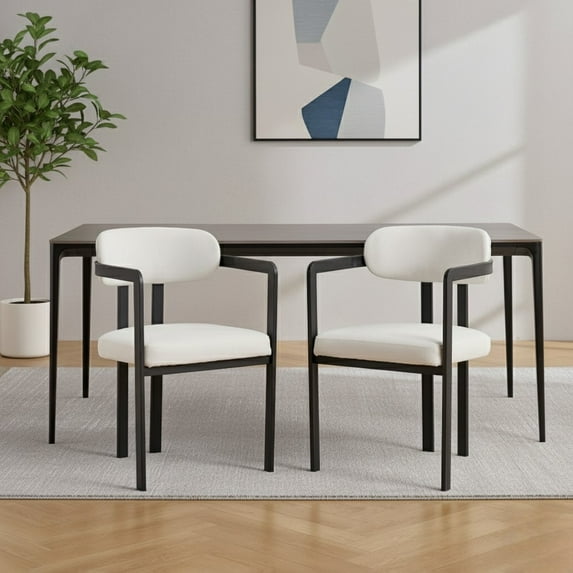 Boucle Dining Chairs Set of 2 – Mid-Century Modern Upholstered Kitchen Chairs with Wing Back, Ergonomic Backrest & Black Metal Legs for Dining Room