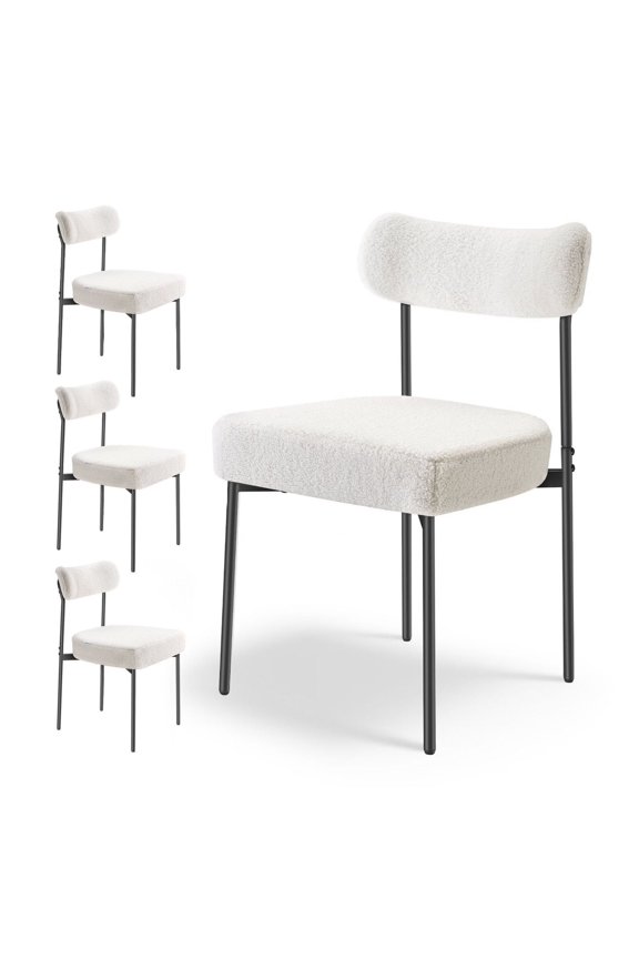 Boucle Dining Chairs (Set of 4) Modern Kitchen Chairs with Curved Backrest & Metal Legs - Nordic Style, Plush Teddy Fabric, Comfortable Seat