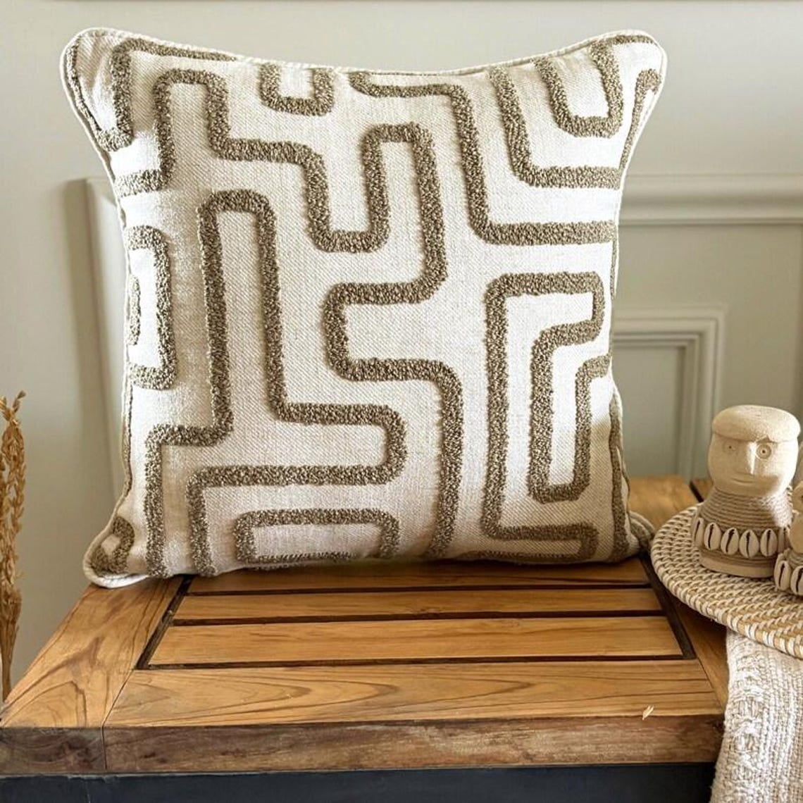 Boucle Embroidery Olive Green Decorative Throw Cushion Cover 65x65 cm Set of 2 Contemporary Linen Pillow Cover Geometric | Textured, Tufted, Maze Pillowcases for Couch, Sofa & Bed - Earth Maze