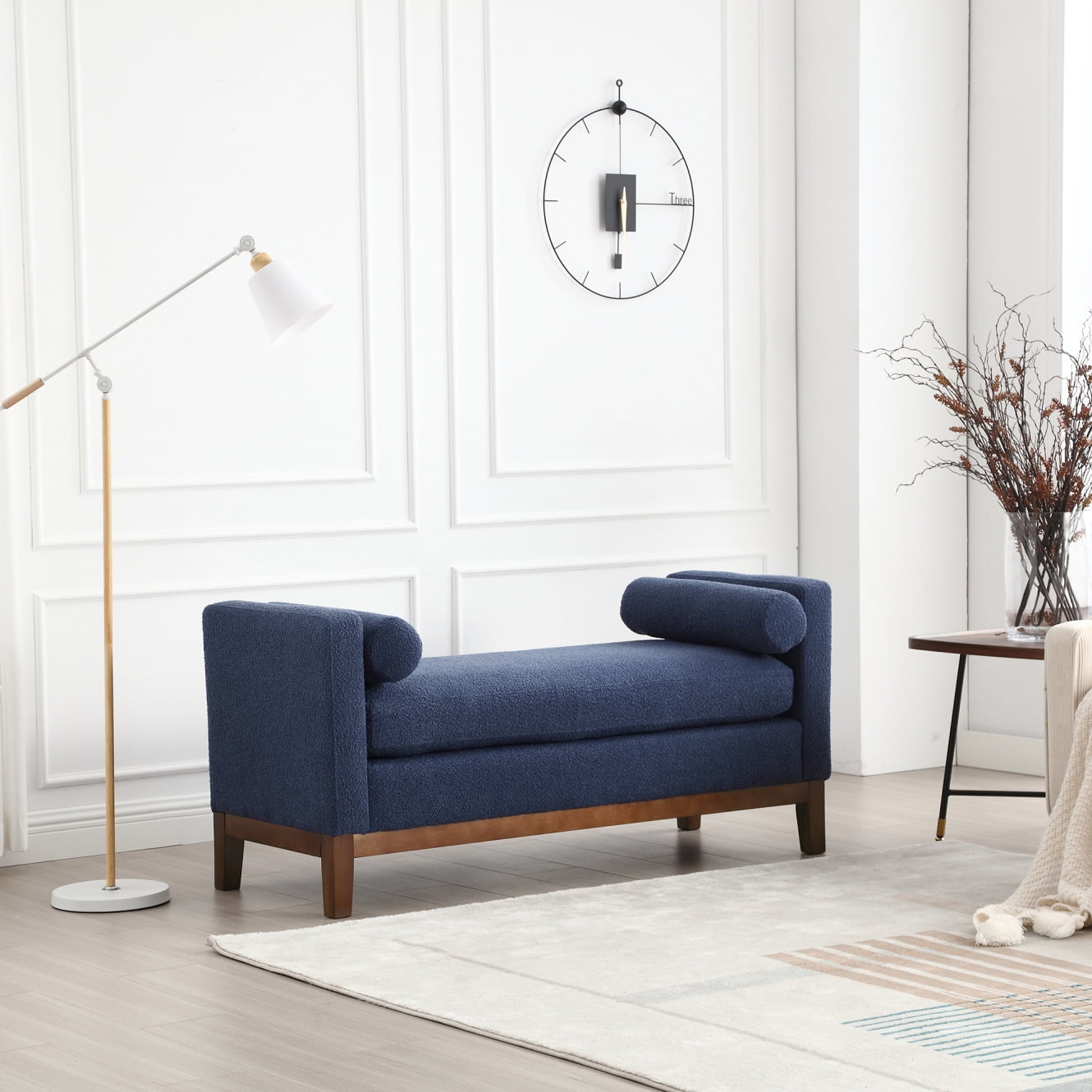 Round Pullover Bench Boucle End of Bed Bench, Modern Upholstered Bench with 2 Round Bolster ...
