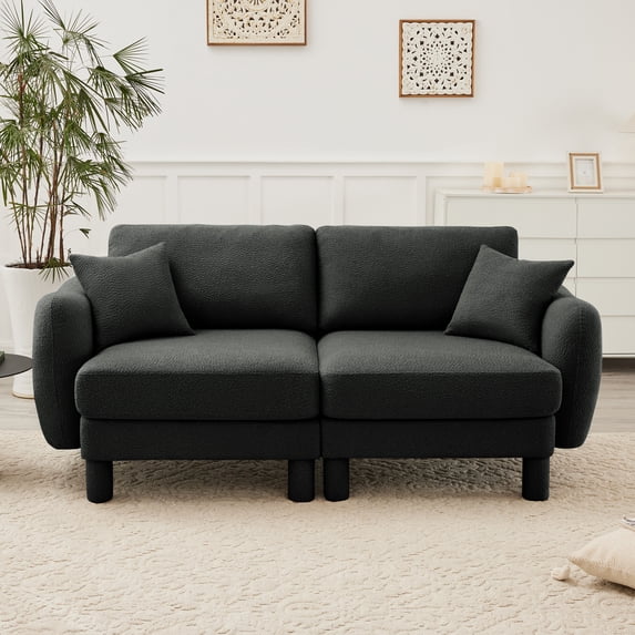 Boucle Fabric 2-seater Loveseat Sofa Couch Distinctive Shell-shaped Armrests,Cylindrical Legs Wrapped with Self-fabric,Dark Color