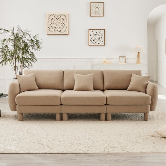 Boucle Fabric 3-seater Sofa Couch With Distinctive Shell-shaped Armrests,Cylindrical Legs Wrapped with Self-fabric,Coffee Color