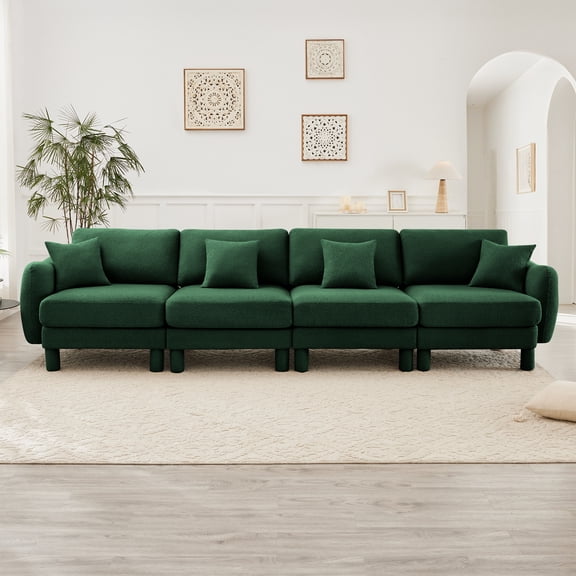 Boucle Fabric 4-seater Sofa Couch With Distinctive Shell-shaped Armrests,Cylindrical Legs Wrapped with Self-fabric,Green Color