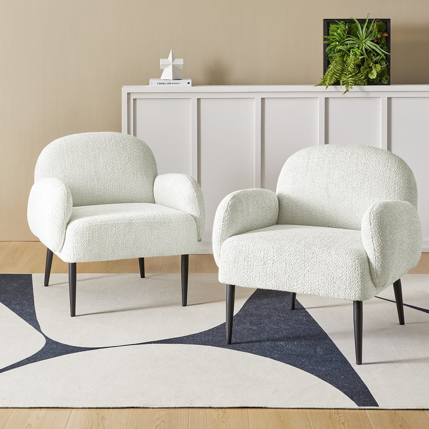 Ivory Boucle Armchair Set with Metal Legs