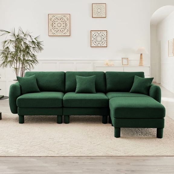 Boucle Fabric Convertible L Shape Sectional 3-seater Sofa Couch With Distinctive Shell-shaped Armrests And Removable Ottoman,Cylindrical Legs Wrapped with Self-fabric,Green Color