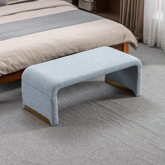 Boucle Fabric Entryway Bench End of Bed, Loveseat Ottoman Footstool Bedroom Bench Vanity Bench Indoor Shoe Bench with Gold Metal Legs for Entryway Bedroom Living Room, Light Blue