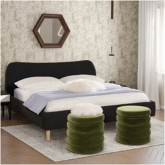 Boucle Fabric King Bed Frame with Curved Headboard, Upholstered Platform Base, No Box Spring Needed, Sustainable Wood Construction