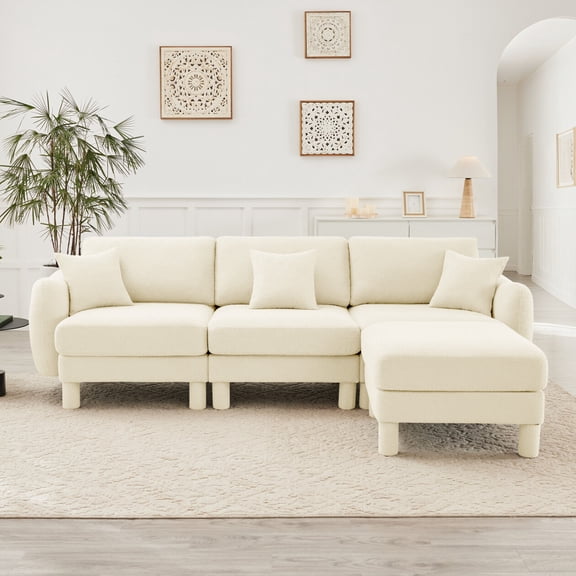 Boucle Fabric L Shaped Sectional Sofa With Removable Ottoman And Shell Shaped Armrests Modern 3 Seater Couch For Living Room Beige