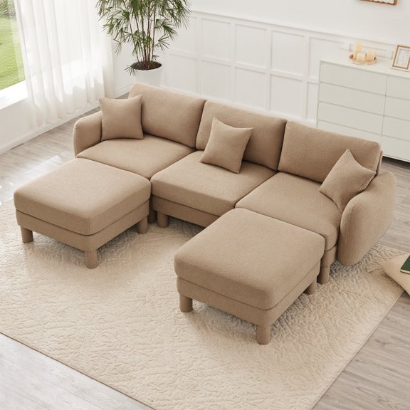 Boucle Fabric Distinctive Shell-shaped Armrests and Cylindrical Legs Sectional Sofa with 2 Movable Ottomans, Coffee