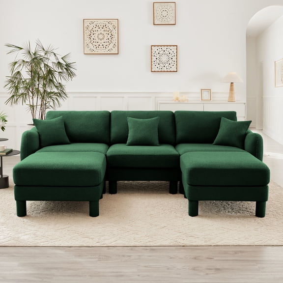 Boucle Fabric U Shape Sectional 3-seater Sofa Couch With Distinctive Shell-shaped Armrests And 2 Movable Ottomans,Cylindrical Legs Wrapped with Self-fabric,Green Color