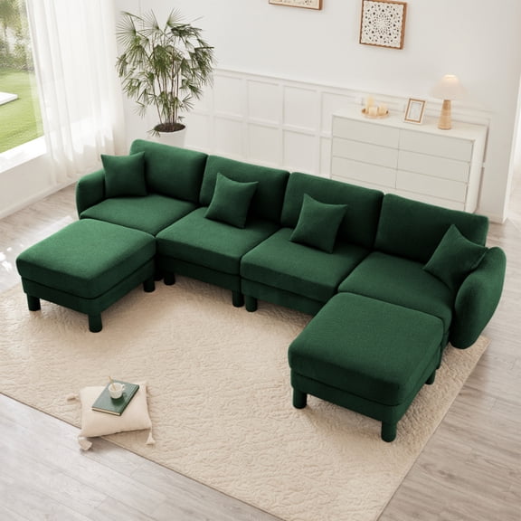 Boucle Fabric U Shape Sectional 4-seater Sofa Couch With Distinctive Shell-shaped Armrests And 2 Movable Ottomans,Cylindrical Legs Wrapped with Self-fabric,Green Color