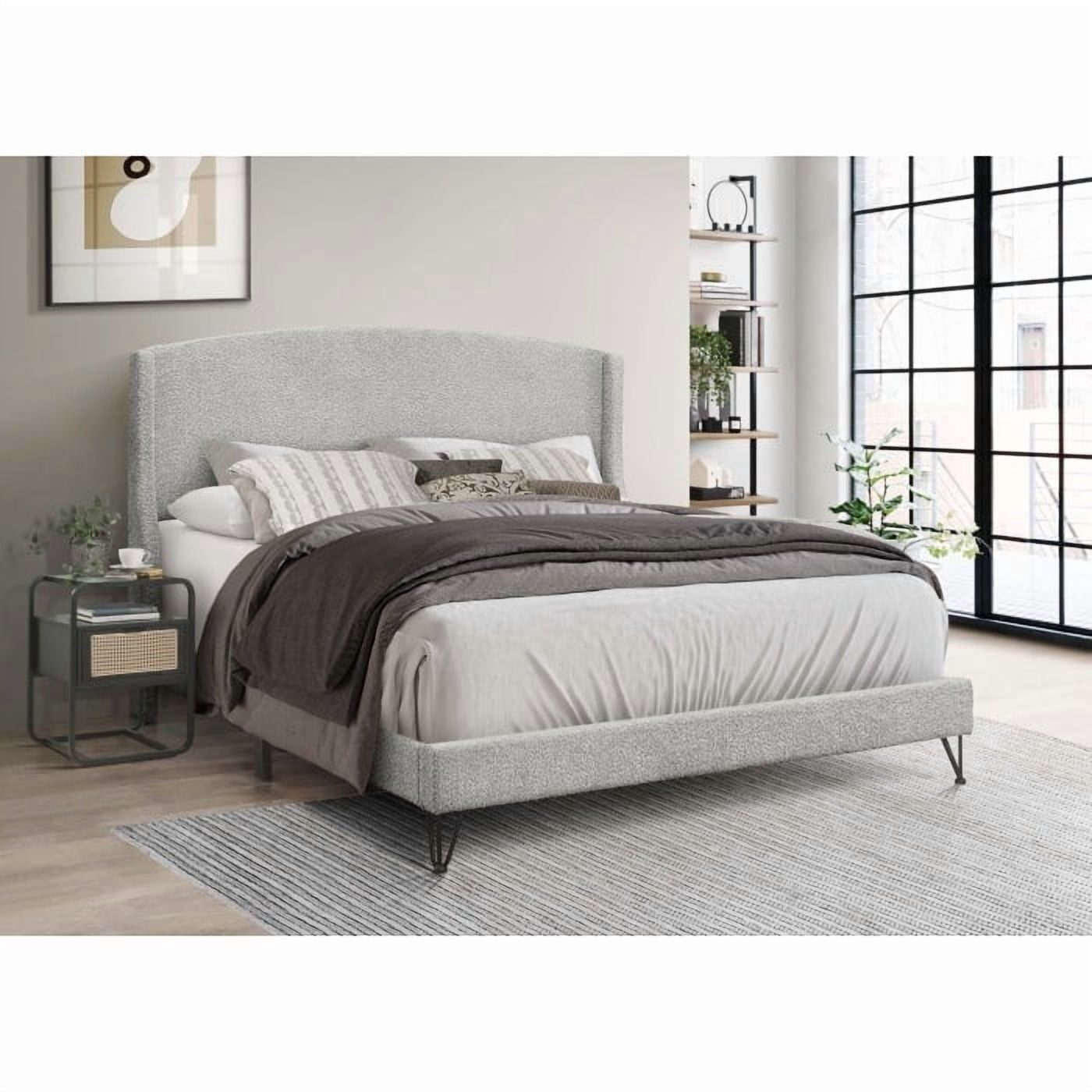 Boucle Fabric Upholstered Full Size Platform Bed Frame, Round Arc Wing ...