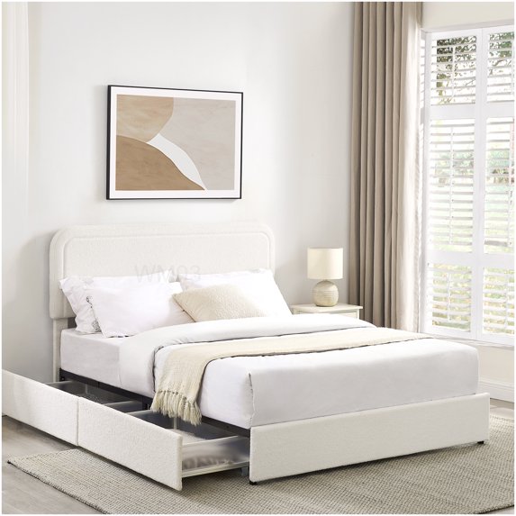 Boucle Fabric Upholstered Platform Bed, Queen Size with Storage Drawers & Adjustable Headboard