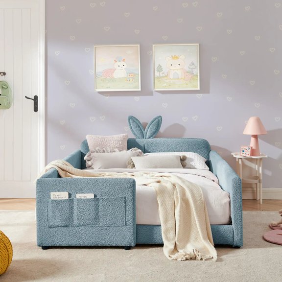Queen Size Bed with Guardrail Sky Blue