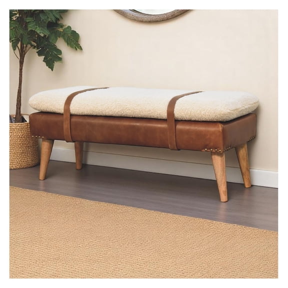 Boucle Hide Leather Bench, Chestnut + Brown + Leather + Padded Seat + Solid Wood