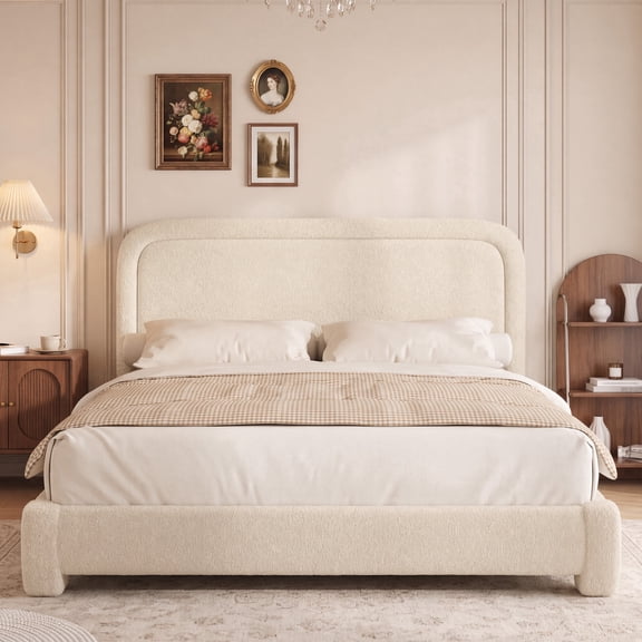 Boucle King Size Bed Frame with Adjustable Headboard,Upholstered Cloud Platform Bed Frame with Wood Slats,Noise-Free King Bed,No Box Spring Required,Easy Assembly,Beige
