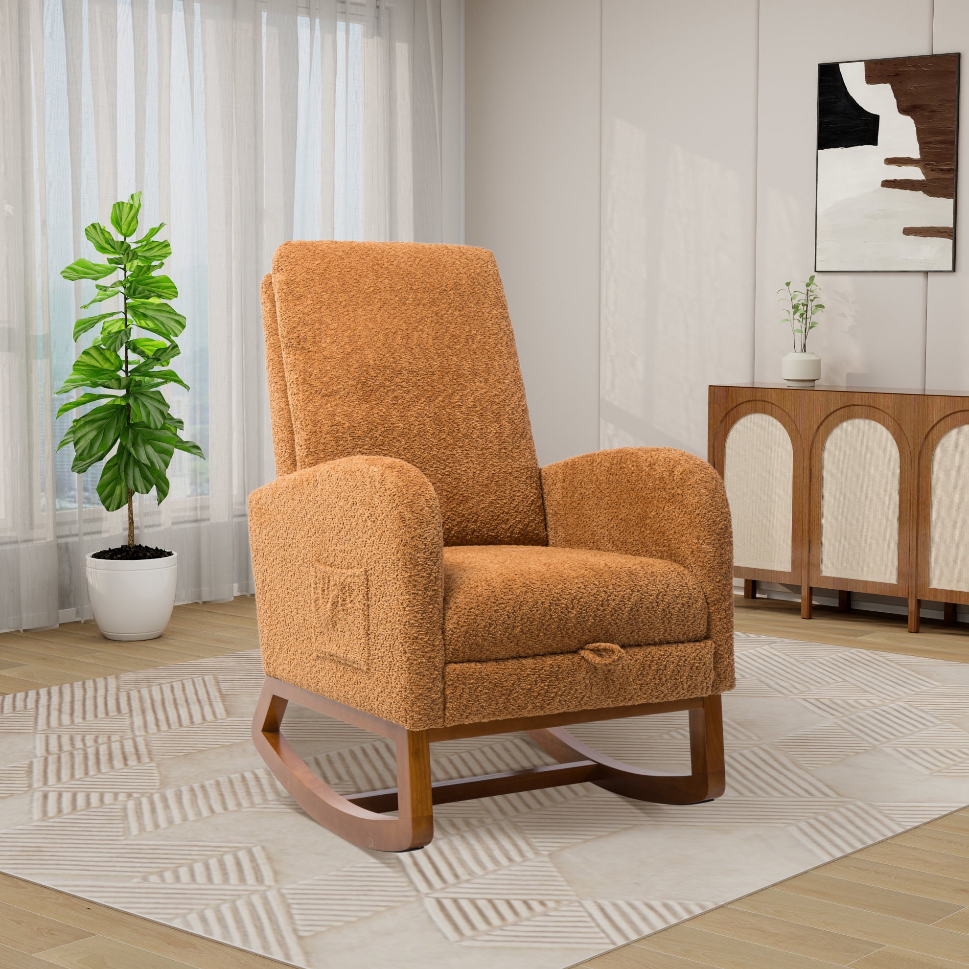 Boucle Nursery Upholstered Rocking Chair with Retractable Footrest and ...