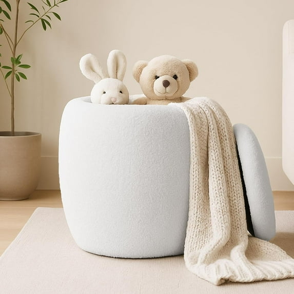 Boucle Ottoman with Hidden Storage - Small Round Upholstered Ivory White Pouf Foot Stool with Removable Lid, Modern Boho Ottoman for Bedroom, Dorm, Living Room Decor, 16" L x 19" H