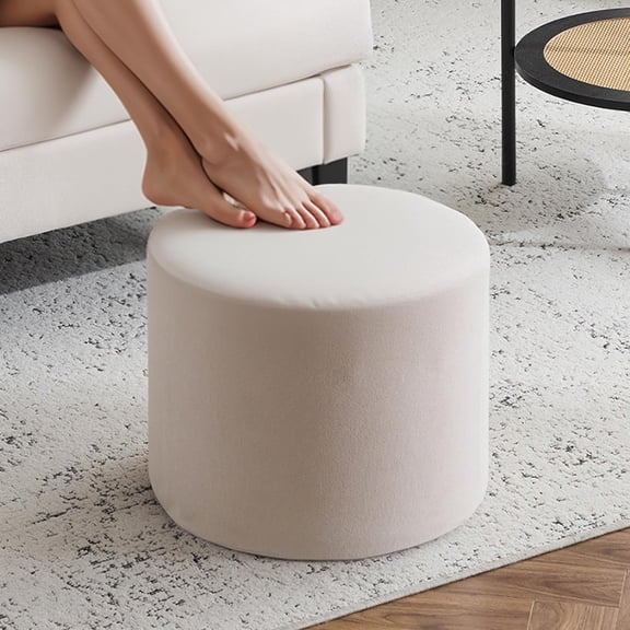 Boucle Ottoman Round Foot Stool, 17x13 Floor Pouf with High-Density Foam Filling and Washable Cover, Modern Foot Rest for Living Room, Bedroom, Office, Chair, Beige-2