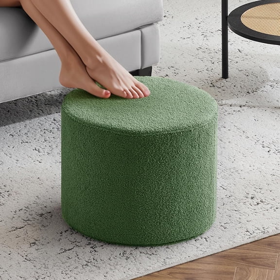 Boucle Ottoman Round Foot Stool, 17x13 Floor Pouf with High-Density Foam Filling and Washable Cover, Modern Foot Rest for Living Room, Bedroom, Office, Chair, Green