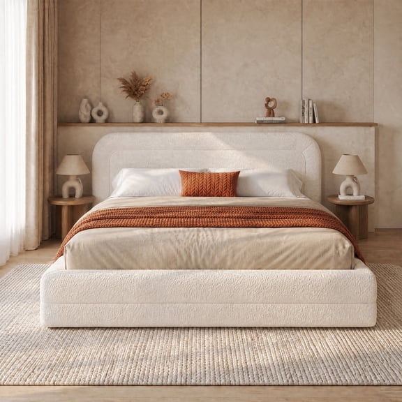 Boucle Platform Bed Frame with Upholstered Headboard King Size Cloud Bed Frame with Rounded Corner,Beige