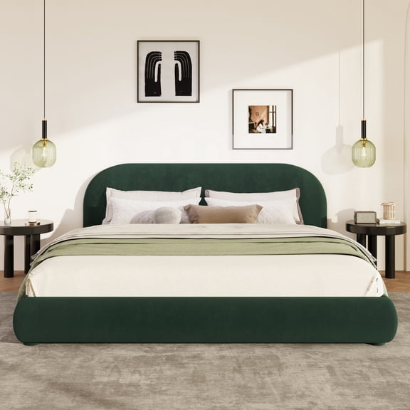 Boucle Platform Bed Queen Size with Curved Headboard, Low Profile Upholstered Bed Frame Wood Slats and Center Support, Low Profile and No Box Spring Needed, Dark Green