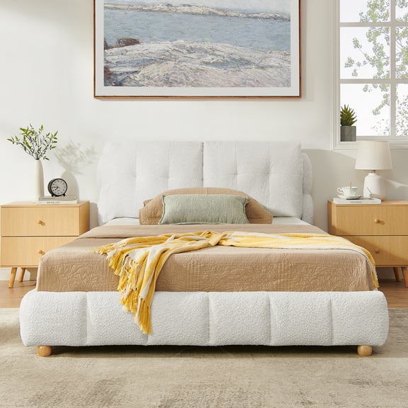 Boucle Platform Bed Queen Size with Headboard, Low Profile Bed Frame with Wood Slats and Center Support, No Box Spring Needed, Beige