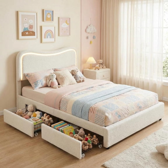 Boucle Queen Bed Frame with 2 Storage Drawers, Upholstered Platform Bed with LED Headboard, Solid Wood Slats Support, No Box Spring Needed Teens, White