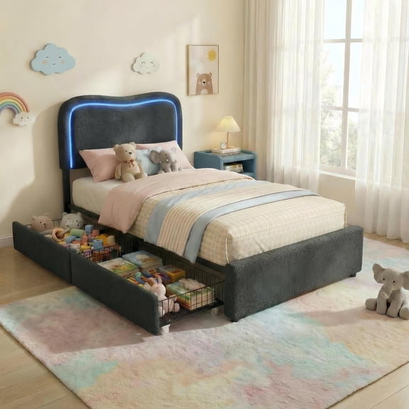 Boucle Queen Bed Frame with 2 Storage Drawers, Upholstered Platform Bed with LED Headboard, Solid Wood Slats Support, No Box Spring Needed, Black