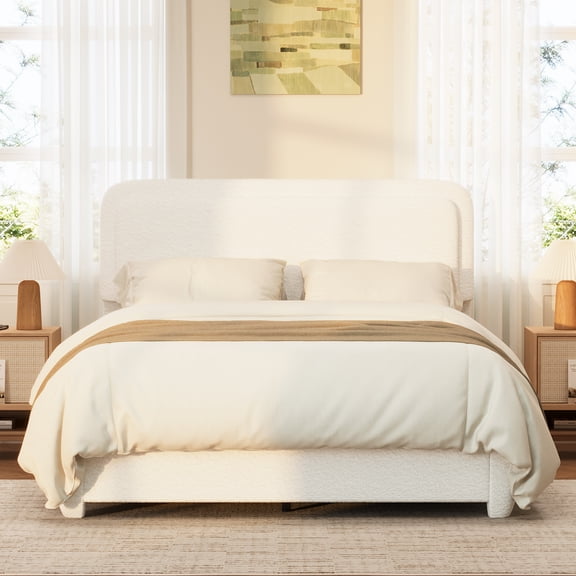 Boucle Queen Bed Frame with Adjustable Height Curved Cloud Headboard, Modern Low Profile Platform Bed, No Box Spring Needed, Easy Assembly, White