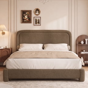 Boucle Queen Size Bed Frame with Adjustable Headboard, Upholstered Cloud Platform Bed Frame with Wood Slats, Noise-Free Queen Bed, No Box Spring Required, Easy Assembly, Brown
