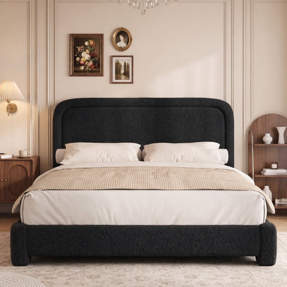 Boucle Queen Size Bed Frame with Adjustable Headboard,Upholstered Cloud Platform Bed Frame with Wood Slats,Noise-Free Queen Bed,No Box Spring Required,Easy Assembly,Black