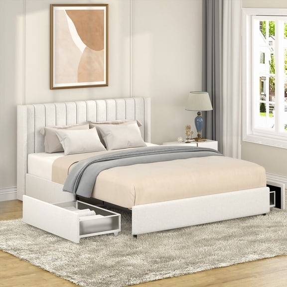 Ivory Boucle Storage Bed Queen Size - 2 Patented Drawers Included