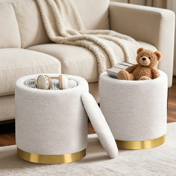 Boucle Round Ottoman with Storage, Vanity Stool with Storage for Bedroom, Ottoman Coffee Table, Small Boucle Foot Stool for Living Room, White with Gold Plating Base