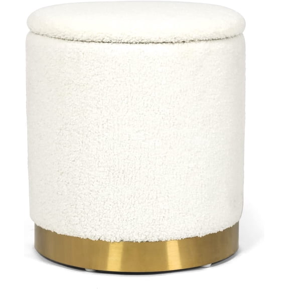 Boucle Round Ottoman with Storage,Vanity Stool with Storage for Bedroom, Ottoman Coffee Table,Small Boucle Foot Stool for Living Room, White with Gold Plating Base