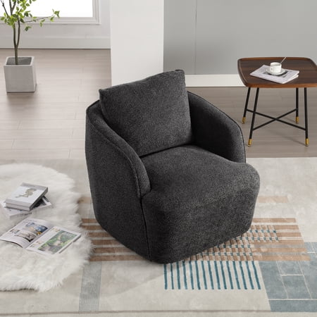 Boucle Swivel Accent Chair, 360 Degree Rotating Barrel Chair, Modern Lounge Armchair for Living Room Bedroom, Comfortable Upholstered Club Chair, Charcoal