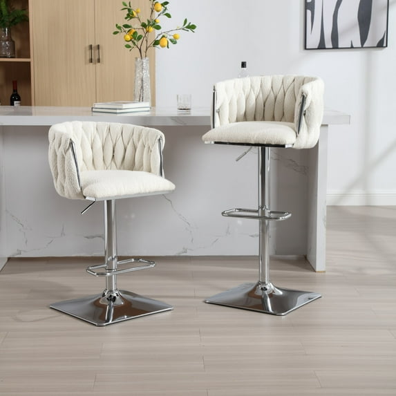 Boucle Swivel Bar Stools Set of 2, Adjustable Bar Stools with Hand Woven Back and Silver Footrest, Bar Stool Chairs for Kitchen Island, Dining Room, Ivory