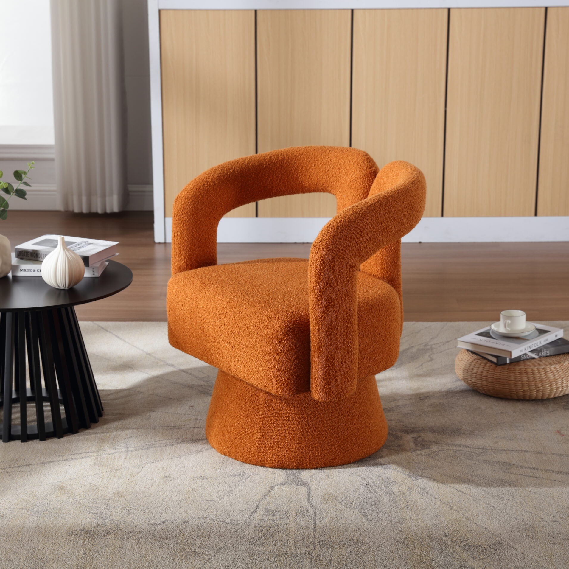 Boucle Swivel Barrel Chair, Oversized Swivel Chair with Hollow