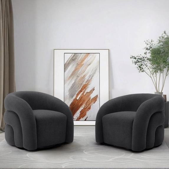 Boucle Swivel Barrel Chair Set of 2, No Assembly Round Upholstered Armchair Accent Chair Single Sofa Chair for Living Room-Gray