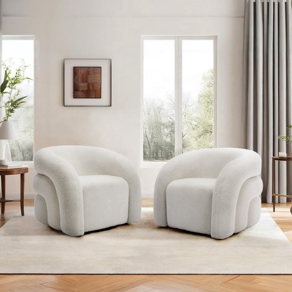 Boucle Swivel Barrel ChairSet of 2, No Assembly Round Upholstered Armchair Accent Chair Single Sofa Chair for Living Room-White