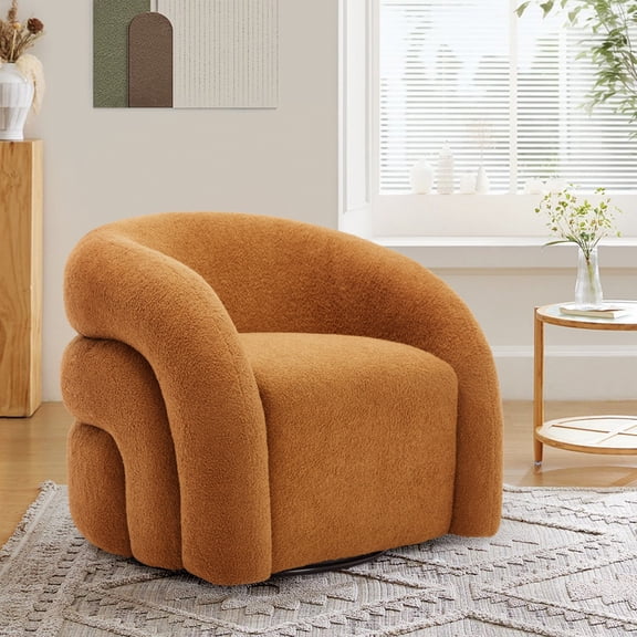Boucle Swivel Chair No Assembly Round Upholstered Swivel Barrel Arm Chair Single Sofa Chair Reading Chair for Living Room-Orange