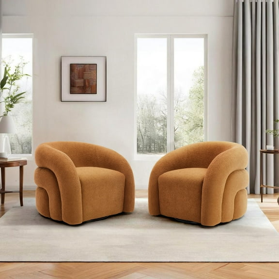 Boucle Swivel Chair Set of 2 No Assembly Round Upholstered Swivel Barrel Arm Chair Single Sofa Chair Reading Chair for Living Room-Orange