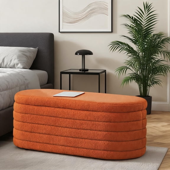 Boucle Teddy Upholstered Storage Ottoman Bench, Rich Orange, Oval Design, Hidden Storage, Seats Two, 43L