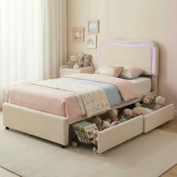 Boucle Twin Bed Frame with 2 Storage Drawers, Upholstered Platform Bed with LED Headboard, Solid Wood Slats Support, No Box Spring Needed, Teens, Yellow