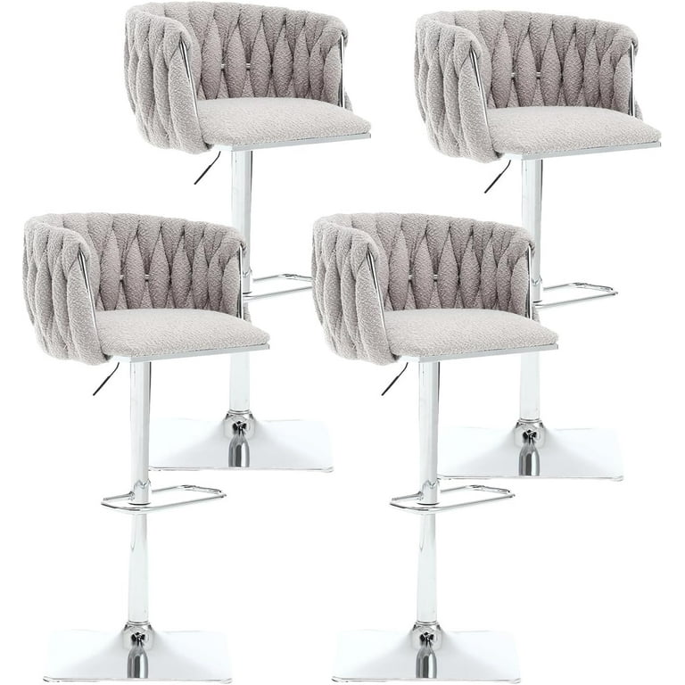 Boucle Upholstered Bar Stools Set of 4 Swivel Counter Stool with Woven Back Adjustable Height Bar Chairs with Silver Footrest Barstool for Cafe
