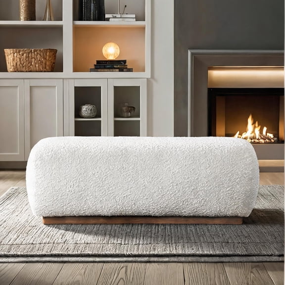 Boucle Upholstered Compact Bench, Soft Beige, 47-Inch, Seats 2, Minimalist Accent