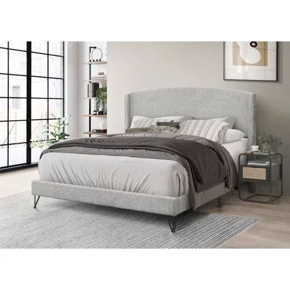 Boucle Upholstered Eastern King Platform Bed Frame, Wing Back Headboard, Light Gray