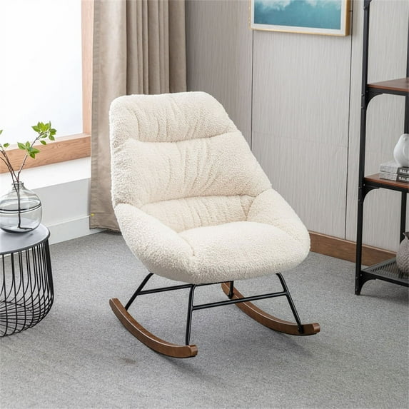 Boucle Upholstered Rocking Chair, Comfortable Accent Chair Glider Rocker with Padded Seat, Nursery Rocking Chair with Metal Base and Rubberwood Legs for Living Room Bedroom Offices, Beige