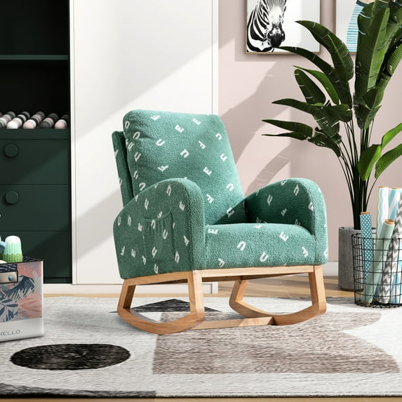 Boucle Upholstered Rocking Chair For Nursery, Mid Century Style With Side Pocket, High Back Living Room, Bedroom, ' , Solid Wood Frame, Foam Padding, Simple Installation Steps Armchair Robust Filled
